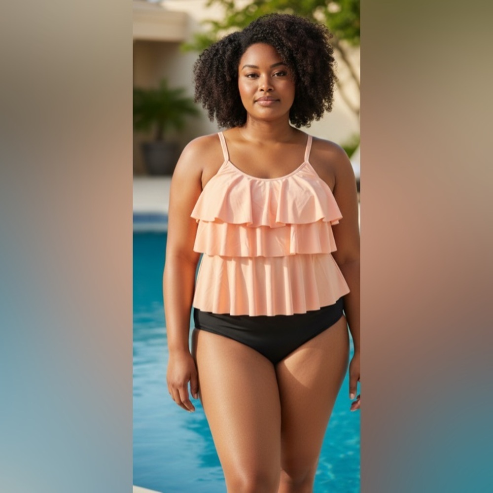 NWT- 1X sherbet, orange Ruffled Tankini Top 
Full coverage High Black Bottoms